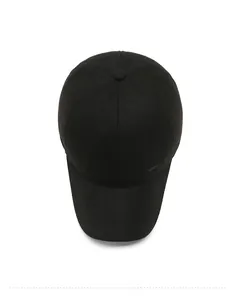 Top view of black cotton baseball cap with white SPORT embroidery and ear flaps