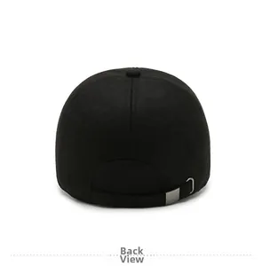 Rear view of black winter baseball cap with thick fabric and silver metal adjustable buckle