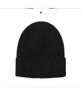 Detailed close-up of a black ribbed knit beanie with a classic folded cuff design