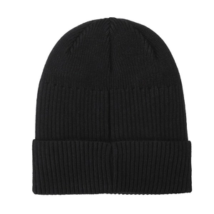 Classic black ribbed knit beanie hat for winter with thick fleece lining and folded cuff
