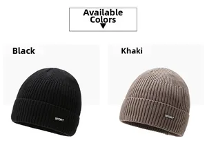 Detail view of black and khaki ribbed knit beanies with white SPORT embroidery