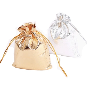 Drawstring Pouches Metallic Cloth Shimmering Gold Silver Jewelry Packaging Gift Bags Small Organizers Storage Pouches