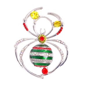 Spider brooch in silver finish with vibrant multicolor rhinestones and green striped body