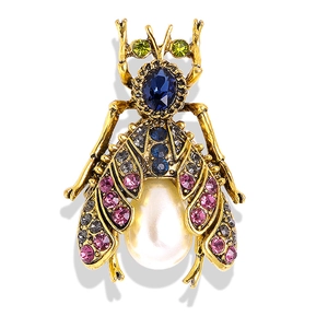 Vintage insect spider brooch with blue gem, colorful rhinestones and white pearl