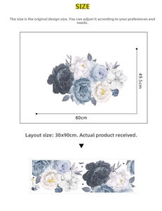 Size chart showing dimensions for watercolor floral wall decals 60x49.5cm and layout details