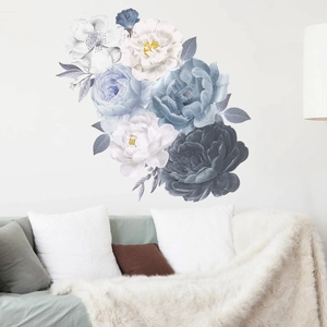 Watercolor blue and white floral wall stickers for living room sofa background decor