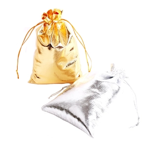 Glossy gold and silver drawstring gift bags with metallic shimmer on white background