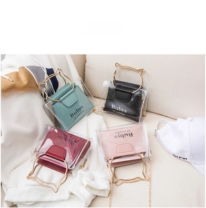 Detailed flat lay of transparent PVC jelly bags with colorful inner pouches and cat handles