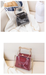 Detail view of transparent PVC jelly bag with cat-ear metal handles and leather inner pouch