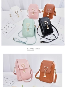 Detailed view of woven texture crossbody phone bags with gold cat-ear rings and pearls