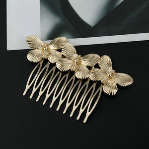 Elegant gold butterfly hair comb with three butterflies on 10-tooth metal alloy clip