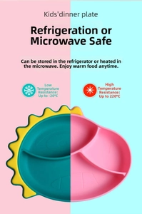 Silicone toddler plate detail showing temperature resistance from -20°C up to 220°C