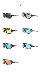 Macro shot of seven colorful polarized cycling sunglasses in a grid layout display