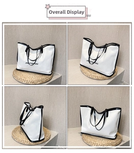 Detailed views of a minimalist black and white tote bag with faux leather texture