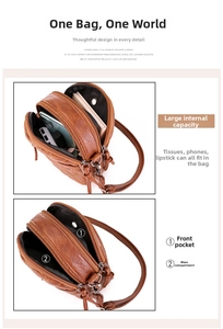 Brown litchi texture crossbody bag with triple zipper pockets and large storage capacity