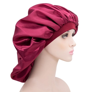 Extra large wine red satin sleep bonnet with wide elastic band for hair protection