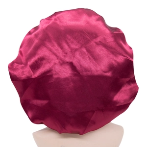 Extra large wine red satin sleep cap with elastic wide band on female model