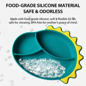 Silicone dinosaur baby plate with compartments, BPA-free and soft food-grade material