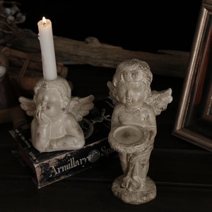 Vintage Cupid angel candle holder set with retro distressed finish for home garden decor