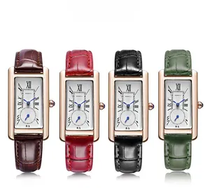 Rectangle quartz watches for women with leather straps and Roman numeral dials