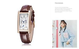 Detail of square quartz watch with Roman numerals, blue steel hands, and brown leather strap