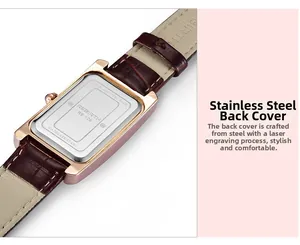 Close-up of the waterproof stainless steel back case and leather strap on a ladies watch
