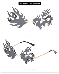 Detail view of rimless dragon and fire shaped sunglasses with gray lenses and gold temples