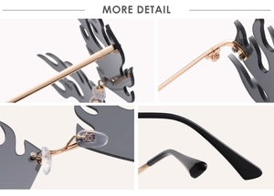 Detail view of flame-shaped sunglasses featuring metal hinges and silicone nose pads
