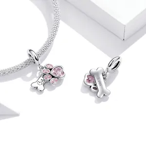 S925 sterling silver pet paw print charm with pink heart crystals and snake chain bracelet