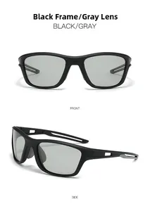 Front and side views of black matte sports sunglasses with grey polarized lenses