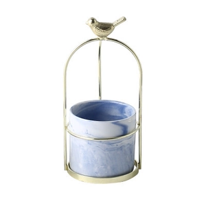 Blue marble ceramic vase with gold bird metal stand for home and office tabletop decor