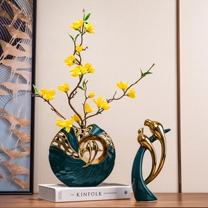Noordse luxe set met keramische vogels en groene holle vaas voor decoratie