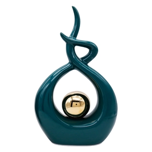 Moderne blau-goldene Keramikskulptur in Tropfenform mit einer glänzenden Goldkugel