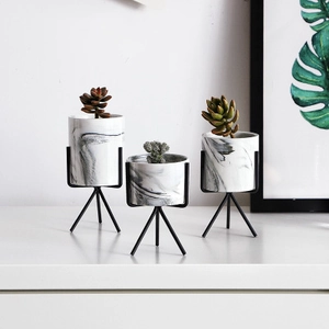 Set of 3 marble patterned ceramic succulent pots with black metal tripod plant stands