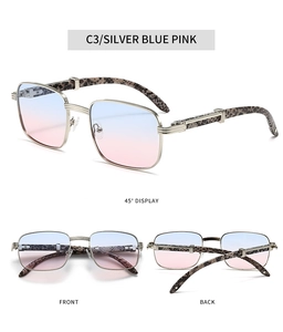 Three views of silver sunglasses with blue-pink gradient lenses and tortoiseshell temples