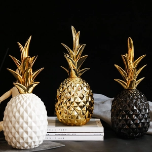 Geometric Pineapple Ceramic Decor Electroplated Golden Leaves Nordic Minimalist Tabletop Ornament Modern Home Aesthetic