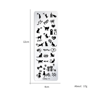 Nail art stamping plate OMQ-11 with black cat patterns, 12cm x 4cm stainless steel plate