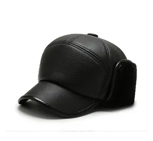 Detail of men's leather winter baseball cap with plush lining and ear protection
