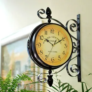 Reloj de pared de hierro de doble cara clásico con diseño vintage Grand Central Terminal negro