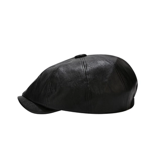 Classic black PU leather newsboy cap with vintage multi-panel design for men and women