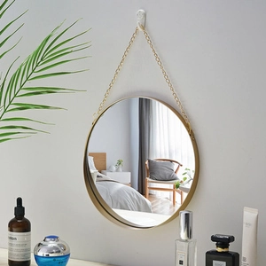 Nordic round wall mirror with slim gold iron frame and hanging chain for home decor