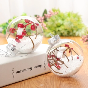 Transparent PET Christmas ball ornament with red berries and snow foam inside