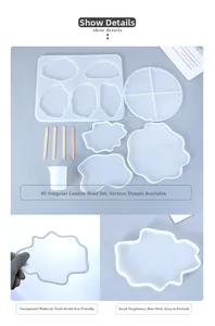 Detailed set of 5 irregular resin coaster molds with measuring cup and stirring sticks