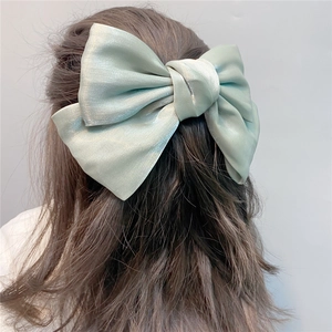 Detailed view of a mint green organza bow hair clip worn for a sweet French half-up hairstyle