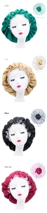 Multi-color satin hair bonnets with elastic bands shown in four stylish dual-color combinations