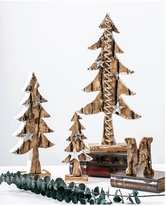 Three wooden Christmas trees with natural bark texture and white snow effect stars