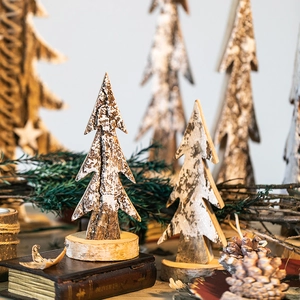 Natural birch wood Christmas tree ornament with snow effect and round wooden base