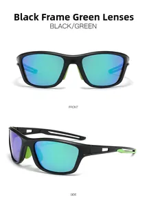Detail view of black frame cycling sunglasses with green polarized lenses and vented temples