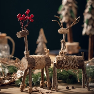 Ornements De Renne De Noël En Bois Naturel Fait À La Main Élan Décoration De Table Baie Rouge Style Forêt
