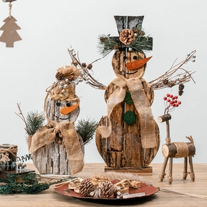 Handmade Rustic Wooden Christmas Snowman Ornament Natural Bark And Linen Desktop Holiday Decoration Figurine